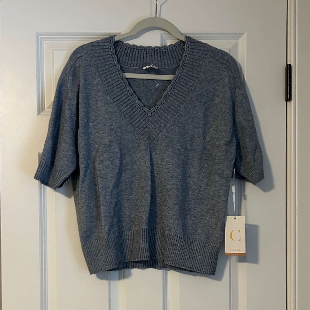 Short sleeve, v neck sweater size lg with tags. Bluish gray in color